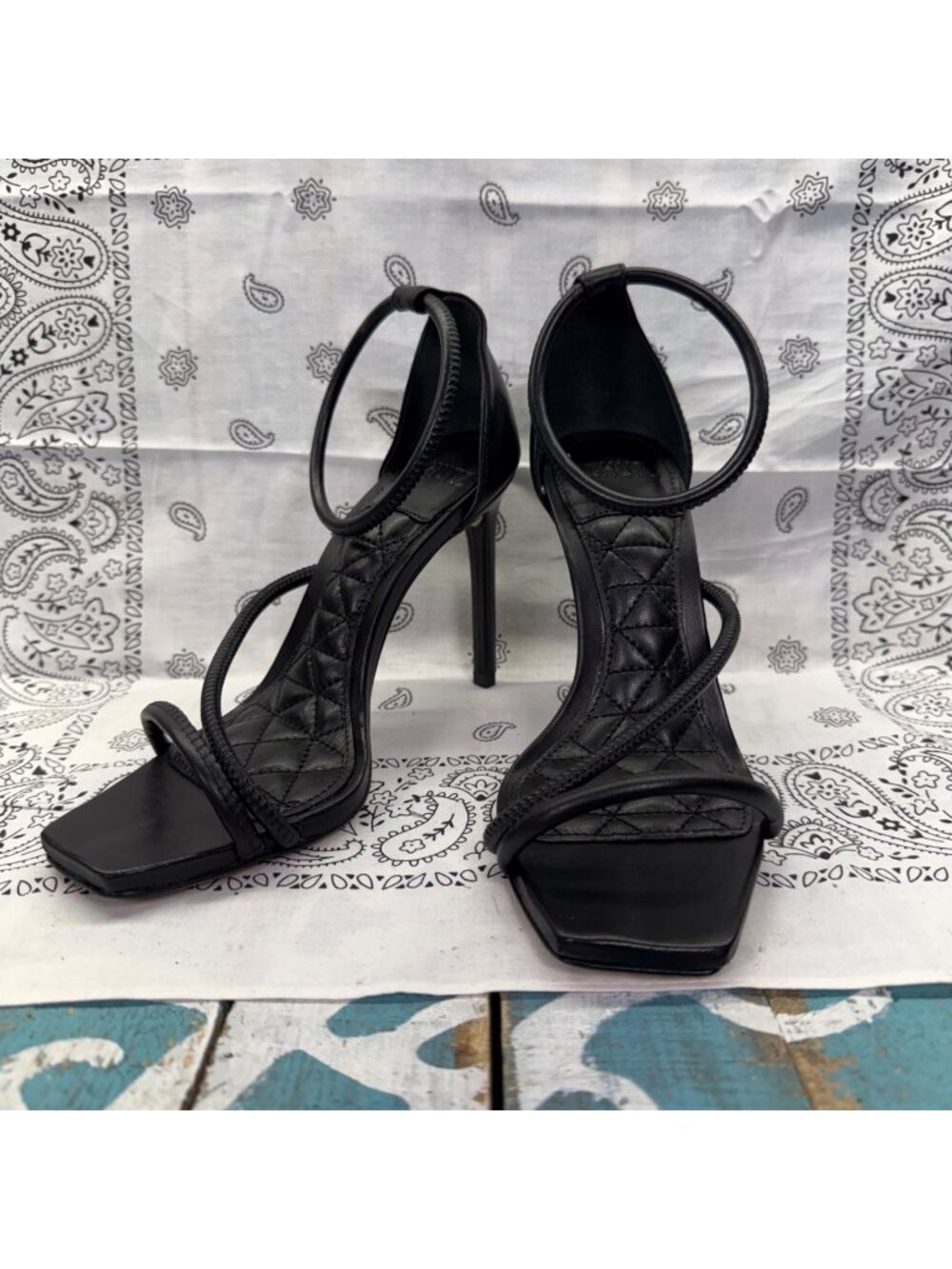 New Gaiah Stiletto High Heel Sandals in Black Nappa Leather Womans Sz 5B